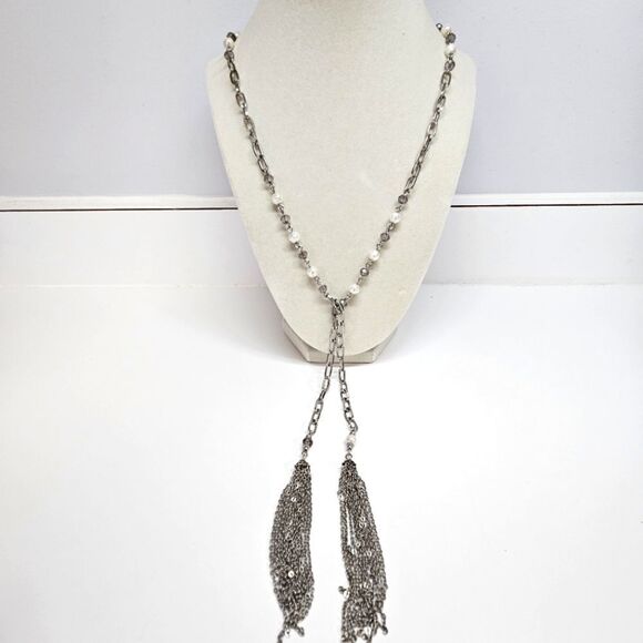 Premier Designs Jewelry - VINTAGE Premier Designs Silver Tone Beaded Tassel Long Chain Necklace